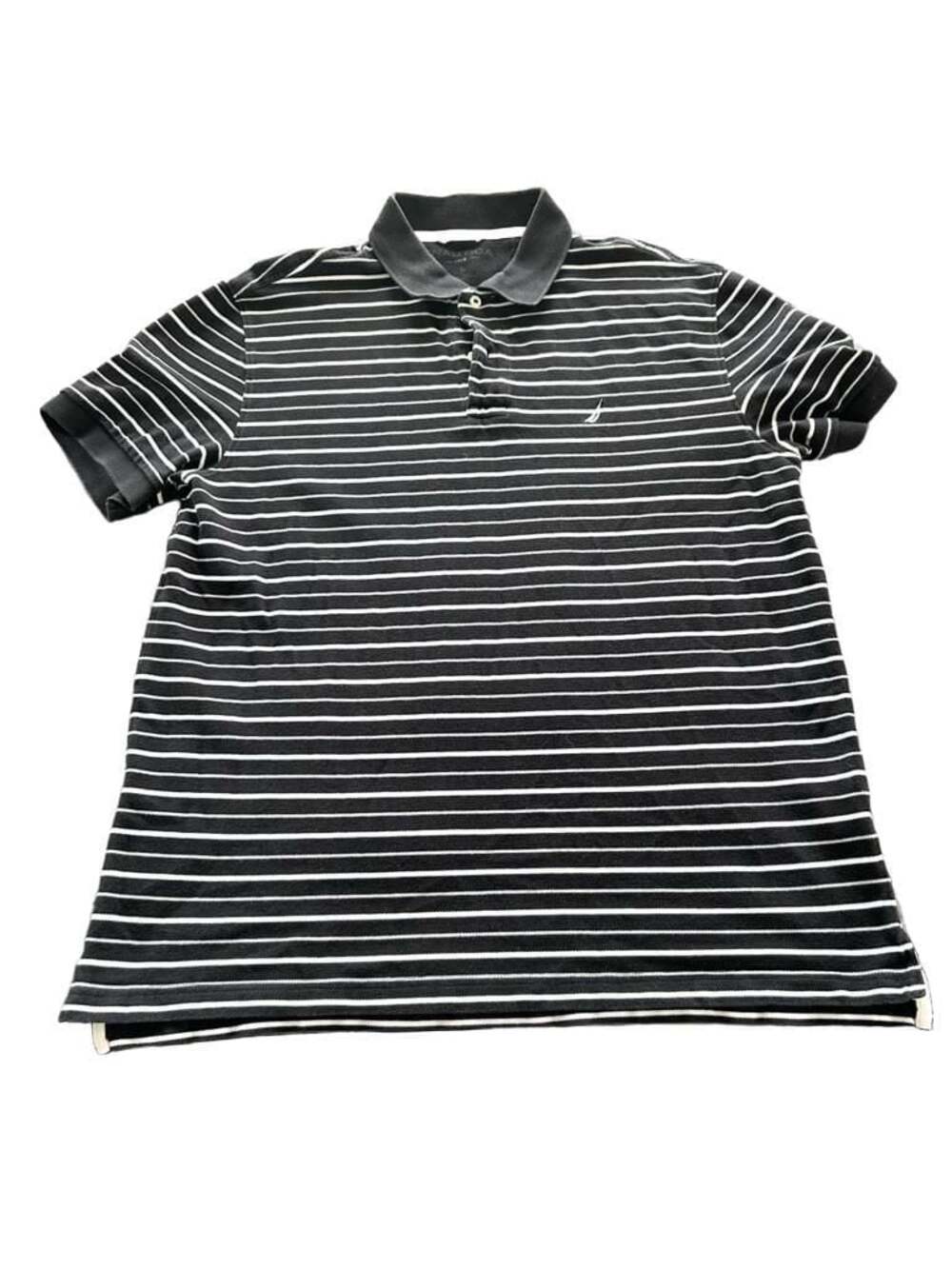 Nautica Classic Fit Black & White Striped Short Sleeve Polo Shirt Men's Size Lar